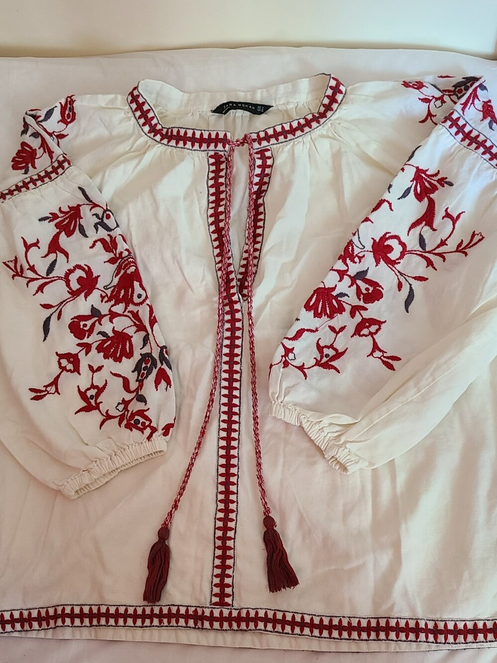 Zara White Peasant Blouse with Red Floral Embroidery